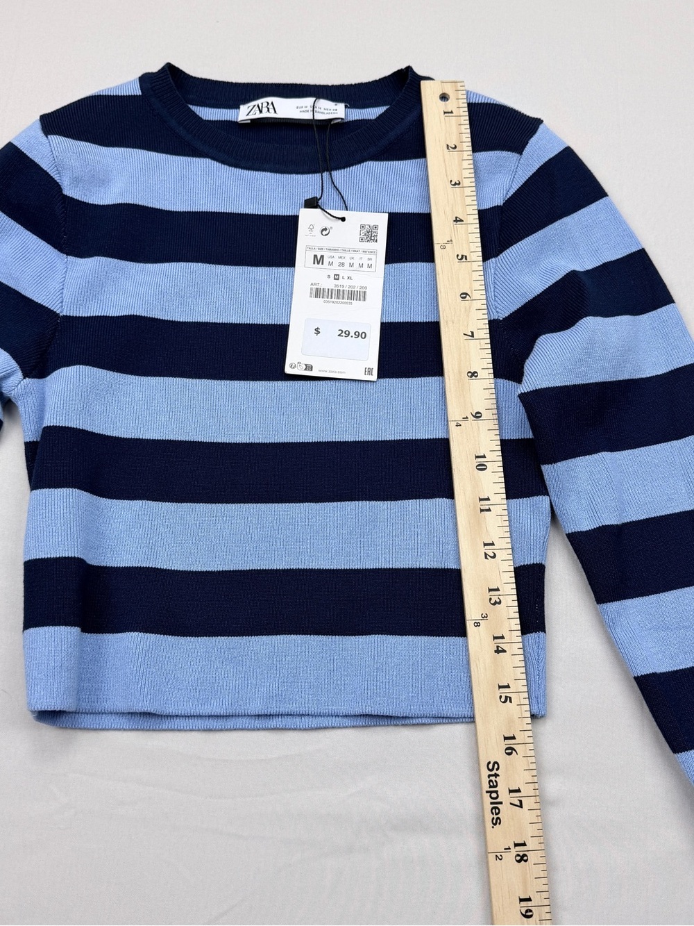 Zara Light Blue & Navy Striped Cropped Crewneck Sweater - Picture 3 of 8
